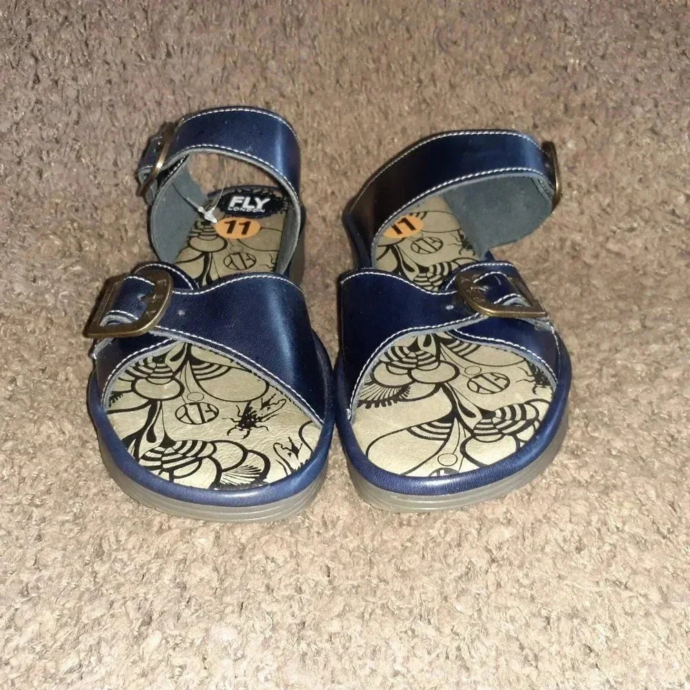 FLY LONDON-ETAN-Navy Blue Leather Slide Sandals - Picture 3 of 7